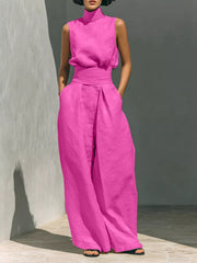 Sleeveless Wide-leg Jumpsuit With Smocked Waist in Apricot, view 15