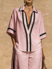 Contrast Trim Two-piece Top And Pants Set Plus Size, product detail