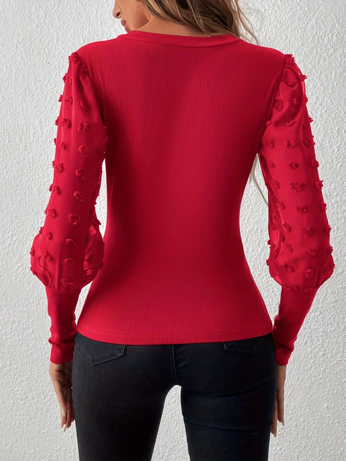 Deep Red ribbed bodysuit with sheer pom-pom detail puff sleeves.