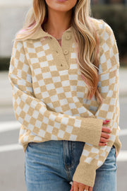 Tan and white checkerboard knit polo sweater with button detail and ribbed cuffs.