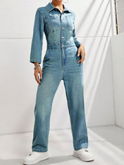 Structured light wash denim boiler suit with button front and collar.