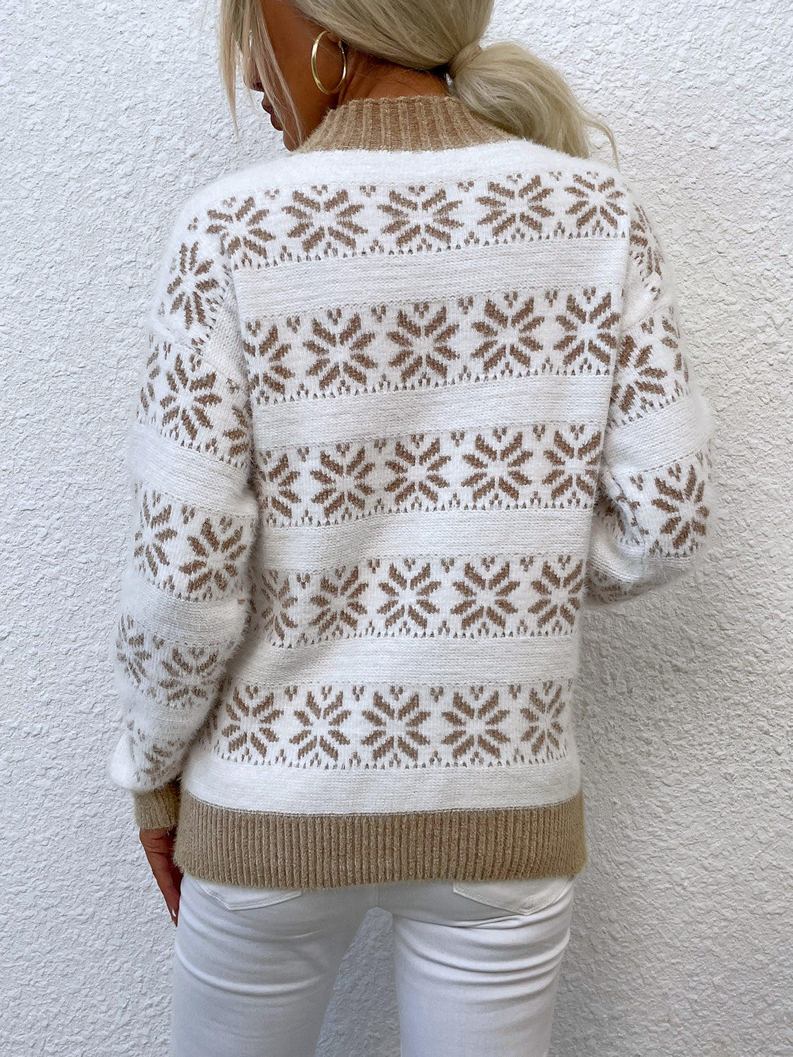 Alpine Fair Isle mock neck pullover sweater in white with brown snowflake pattern and tan trim.