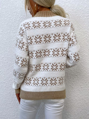 Alpine Fair Isle mock neck pullover sweater in white with brown snowflake pattern and tan trim.