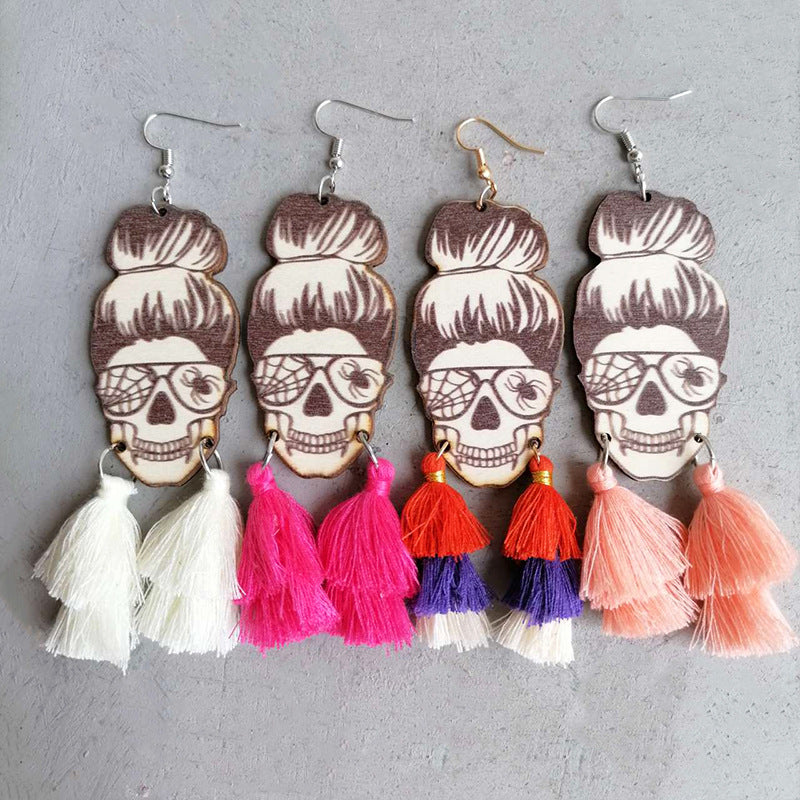 Skull bun tassel drop earrings in cream, multicolor, hot pink, and watermelon pink.