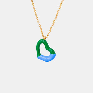 Two-tone heart enamel necklace with gold chain, green and blue design.
