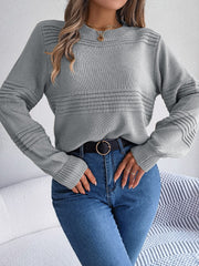 Dark gray ribbed yoke knit sweater with crew neck and textured sleeves.