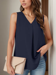 Navy sleeveless blouse with V-neck and front pleats.