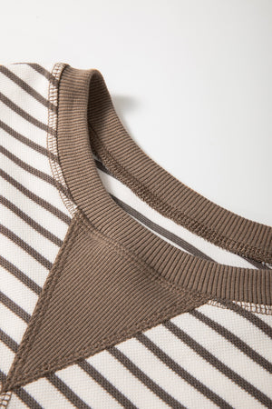 Brown striped tee with contrast ribbed neckline and yoke detail