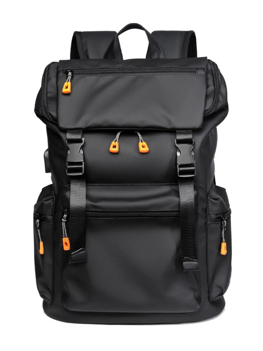 Black tech-utility backpack with contrast orange zipper pulls and buckles