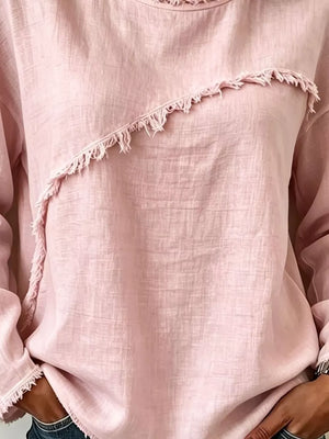 Frayed Hem Dropped Shoulder Blouse in Blush Pink, close-up detail