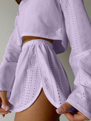 Lavender perforated crop top and shorts set with a slit detail