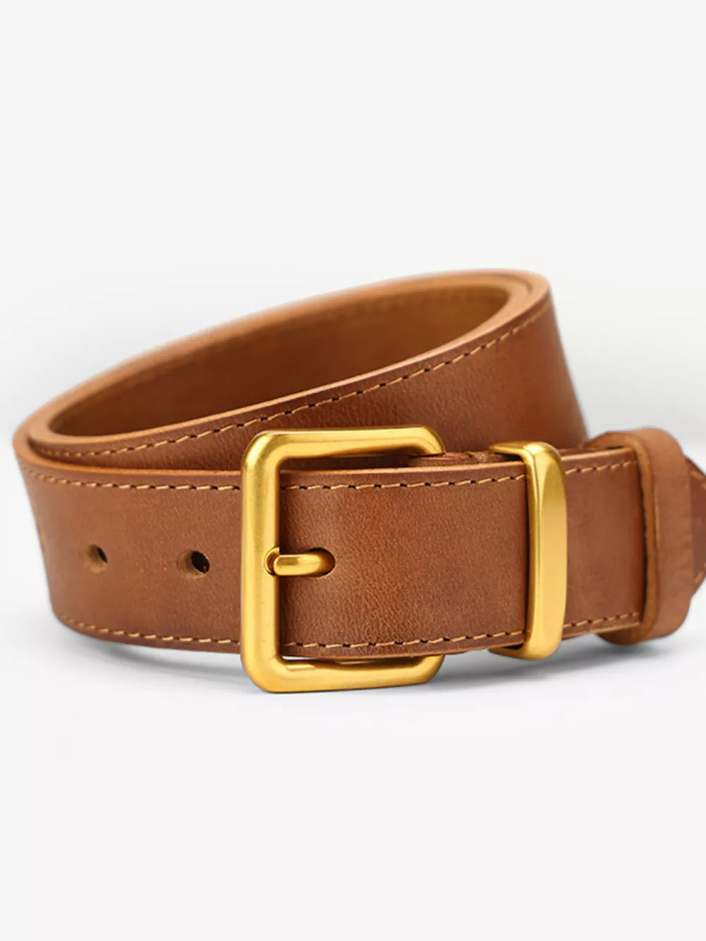 Brown cowhide leather belt with gold buckle and accents