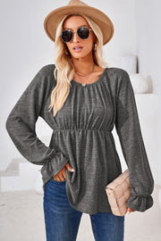 Dark Gray peasant blouse with gathered neckline and elastic waist, ruffled cuffs.