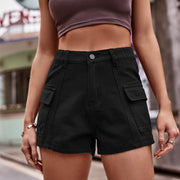Black denim utility shorts with high-rise waist and cargo pockets.