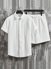 White knit polo shirt and shorts set with cable knit texture and drawstring waist.