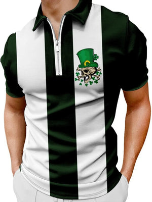 Men's dark green and white color block zip polo with skull and leprechaun hat graphic.