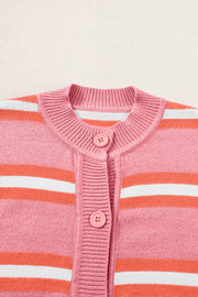 Pink striped knit cardigan with button front and crew neck.