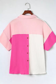 Cotton color block button-down shirt with pink, white, and hot pink panels.