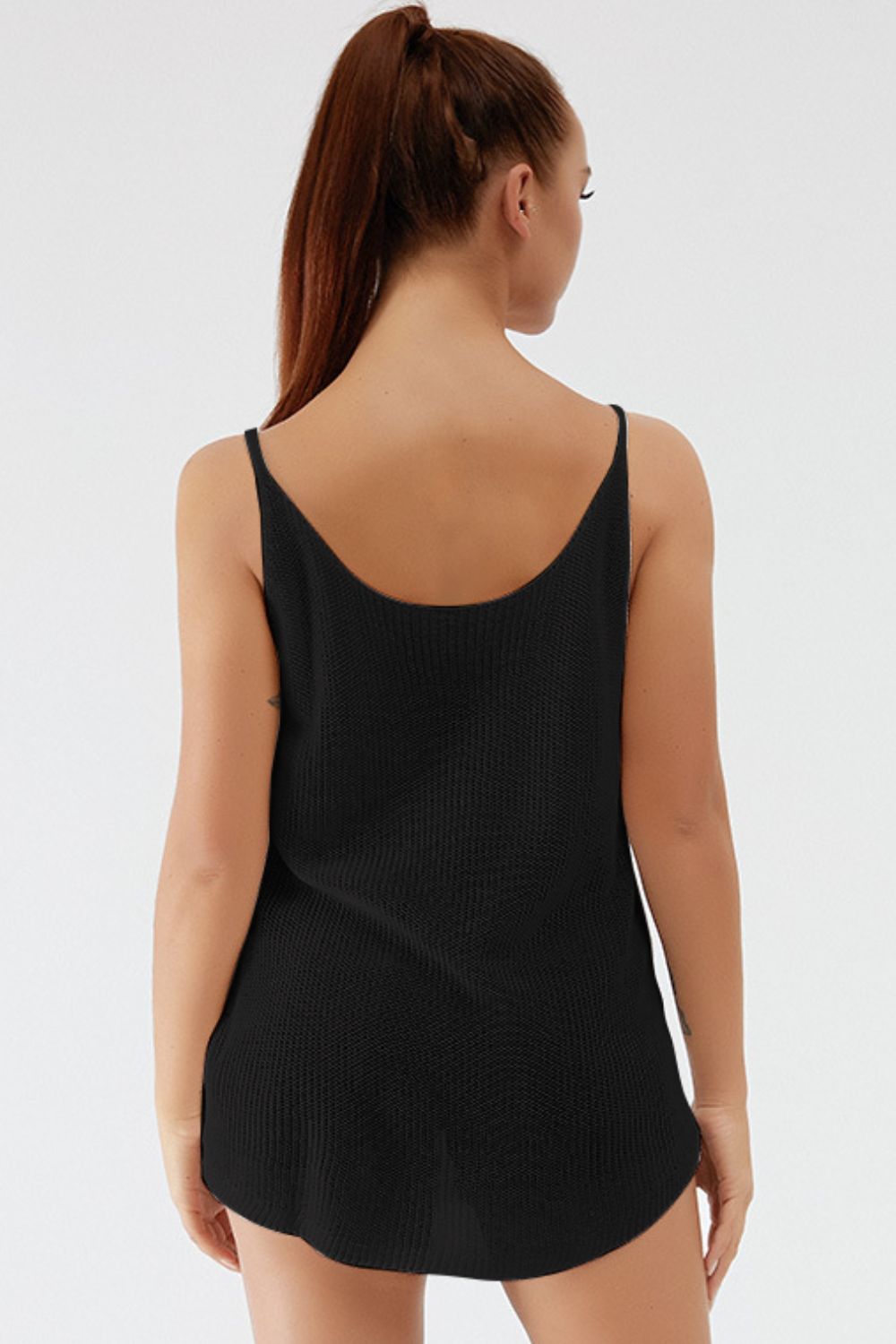 Black ribbed knit cami with scoop back and thin straps