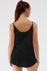 Black ribbed knit cami with scoop back and thin straps