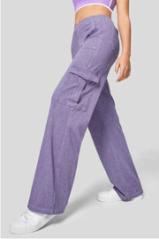 Lilac denim utility cargo pants with wide legs and large side pockets.