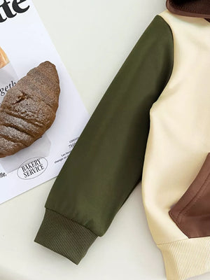 Baby color block hoodie with cream, olive green, and brown panels and ribbed cuffs.