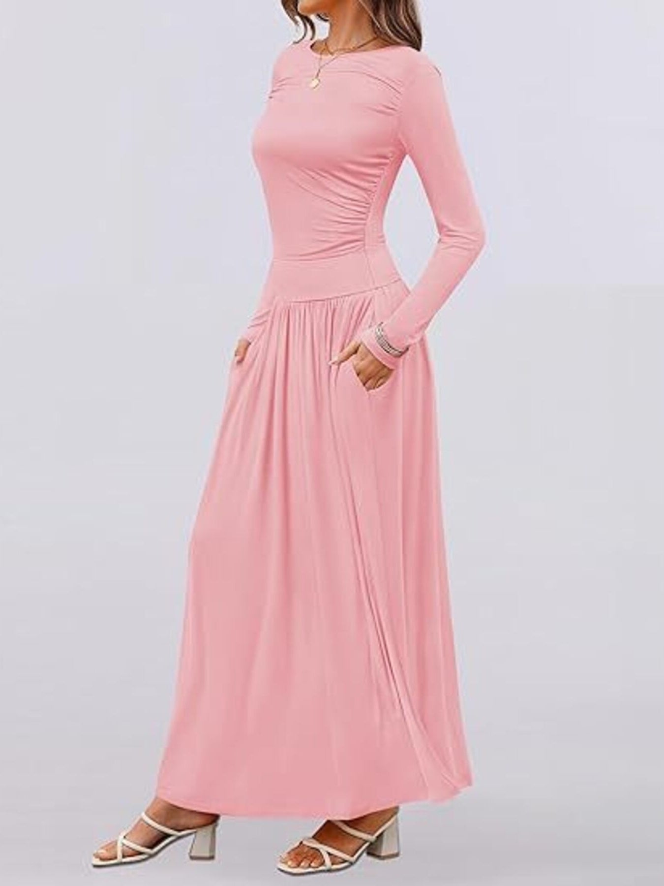 Pink ruched long sleeve maxi dress with pockets and elastic waist