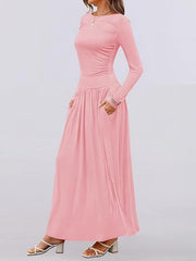 Pink ruched long sleeve maxi dress with pockets and elastic waist