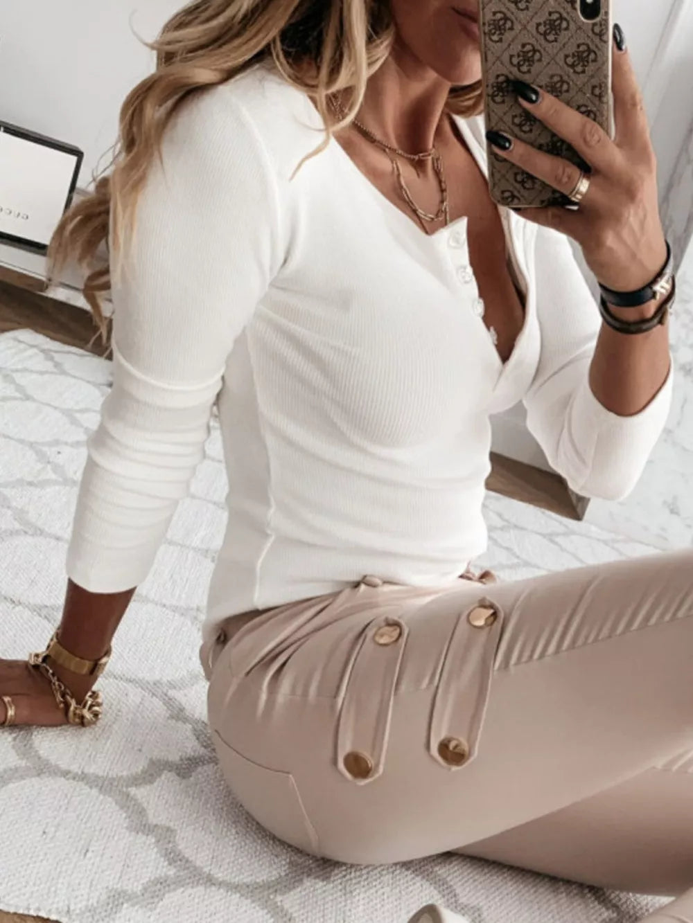 Ribbed Henley Long Sleeve T-shirt in White, side view
