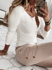 Ribbed Henley Long Sleeve T-shirt in White, side view