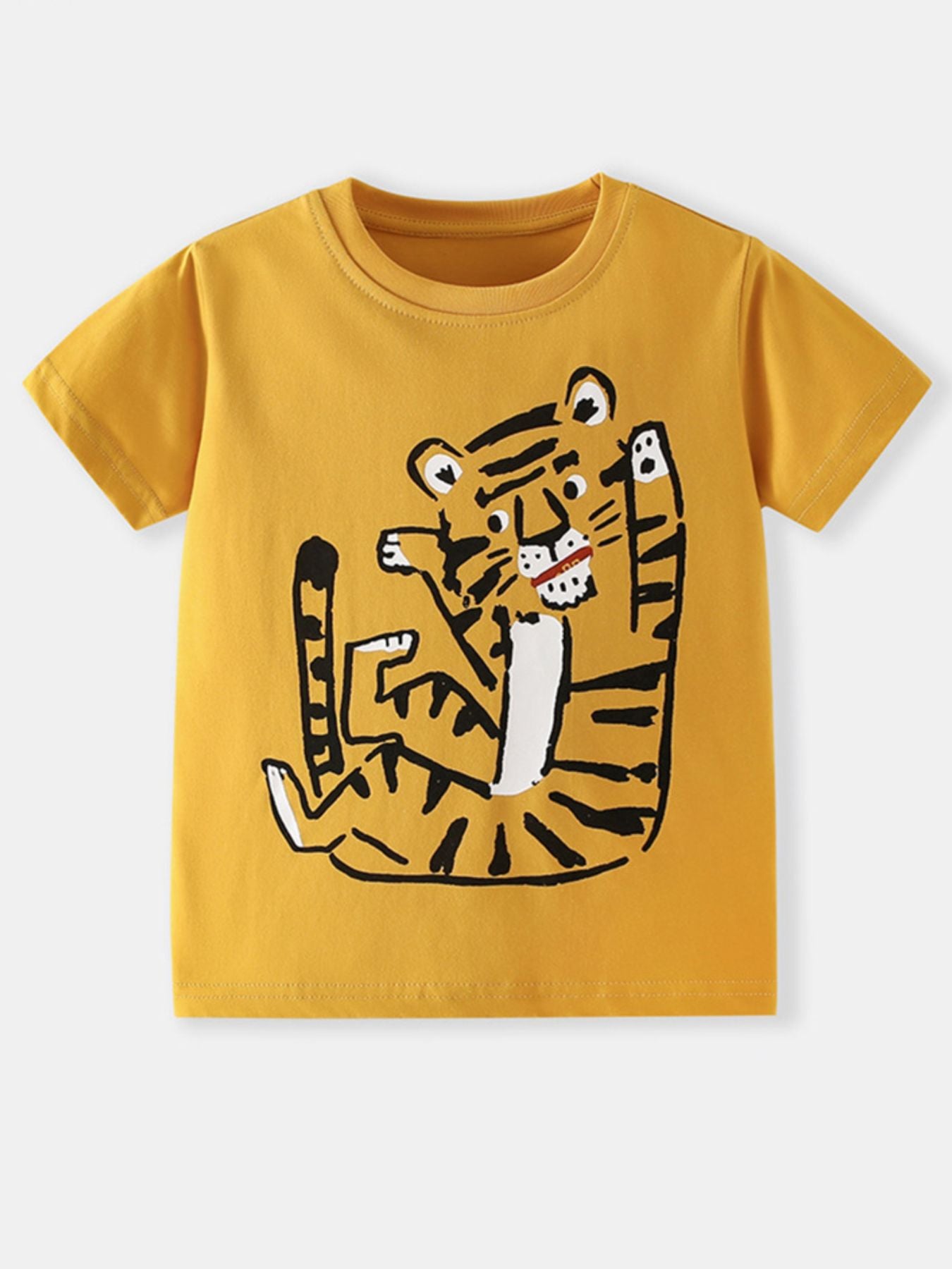 Toddler yellow cotton crew neck t-shirt with a playful tiger graphic.