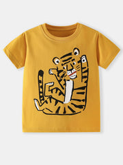 Toddler yellow cotton crew neck t-shirt with a playful tiger graphic.