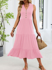 Pink tiered midi dress with notched V-neck and decorative buttons