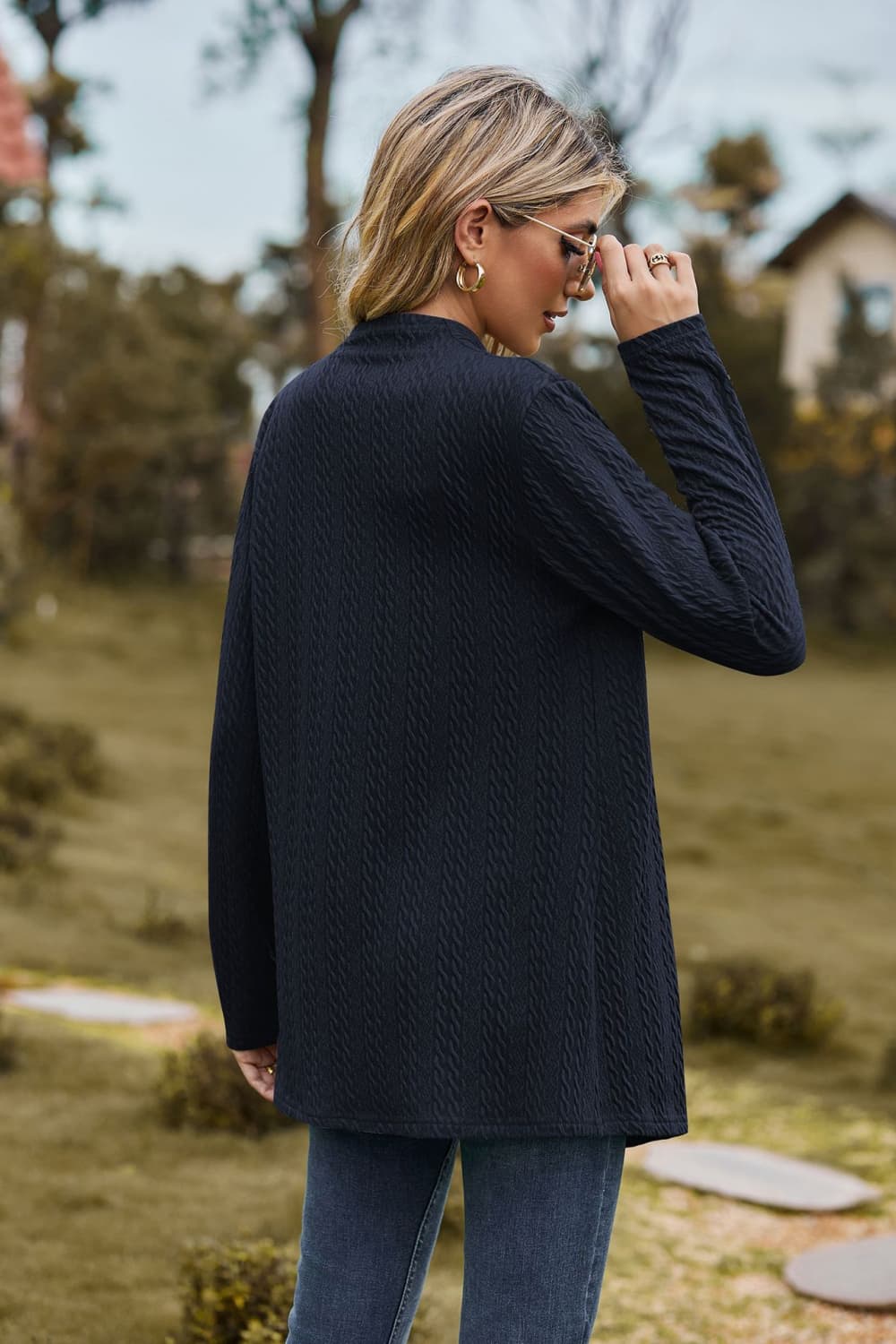 Dark Navy textured knit cardigan with long sleeves and a mock neck, shown from the back.