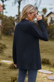 Dark Navy textured knit cardigan with long sleeves and a mock neck, shown from the back.