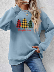 Misty Blue crewneck sweatshirt with plaid trees graphic and Merry Christmas text.