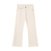 Wide-leg beige denim trousers with a classic five-pocket design.