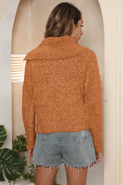 Caramel textured knit sweater with asymmetric collar, long sleeves and casual fit.