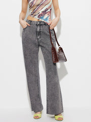 Acid wash flare jeans in dark gray, high-rise cotton denim with a buttoned waist.