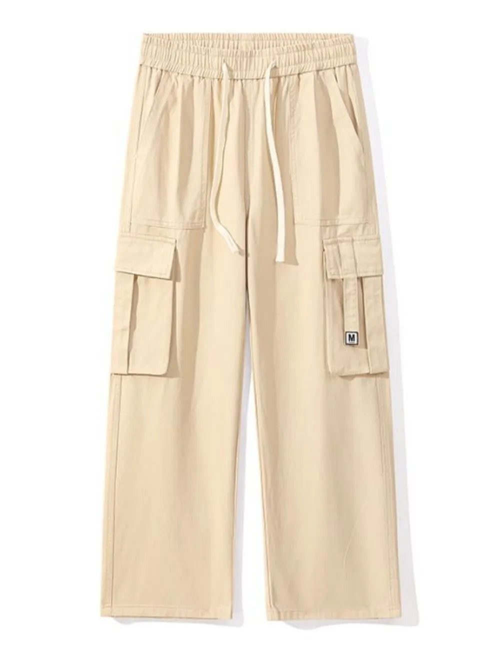 Khaki wide-leg cargo sweatpants with drawstring waist and multiple pockets.
