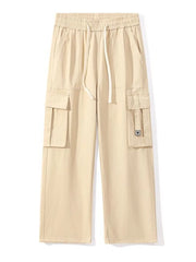 Khaki wide-leg cargo sweatpants with drawstring waist and multiple pockets.