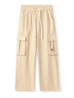 Khaki wide-leg cargo sweatpants with drawstring waist and multiple pockets.