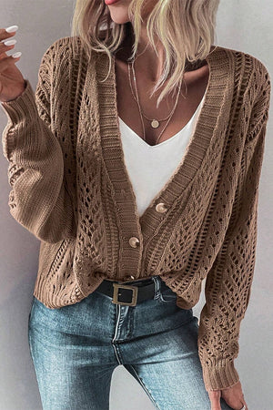 Taupe mesh detail cardigan with V-neck and button front, styled with jeans.