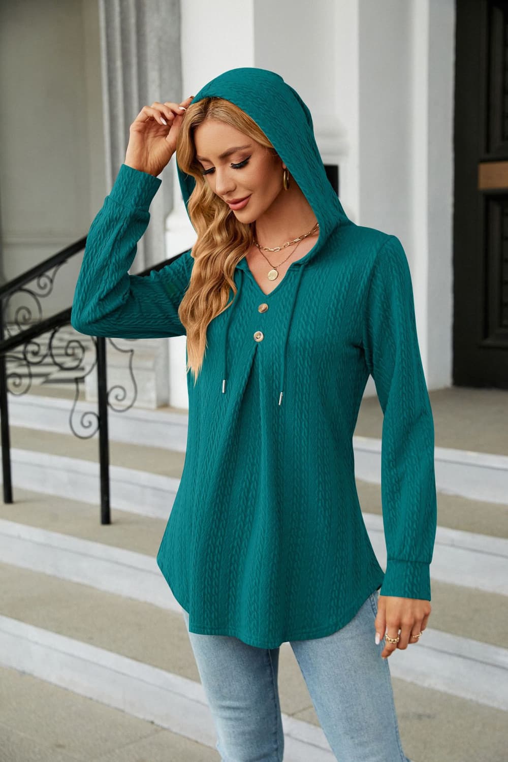 Teal textured henley hooded tunic with button detail and drawstring hood