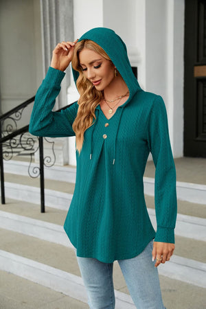 Teal textured henley hooded tunic with button detail and drawstring hood