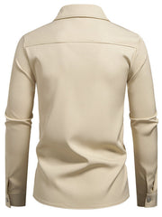 Men's khaki long sleeve shirt with classic collar and buttoned cuffs.