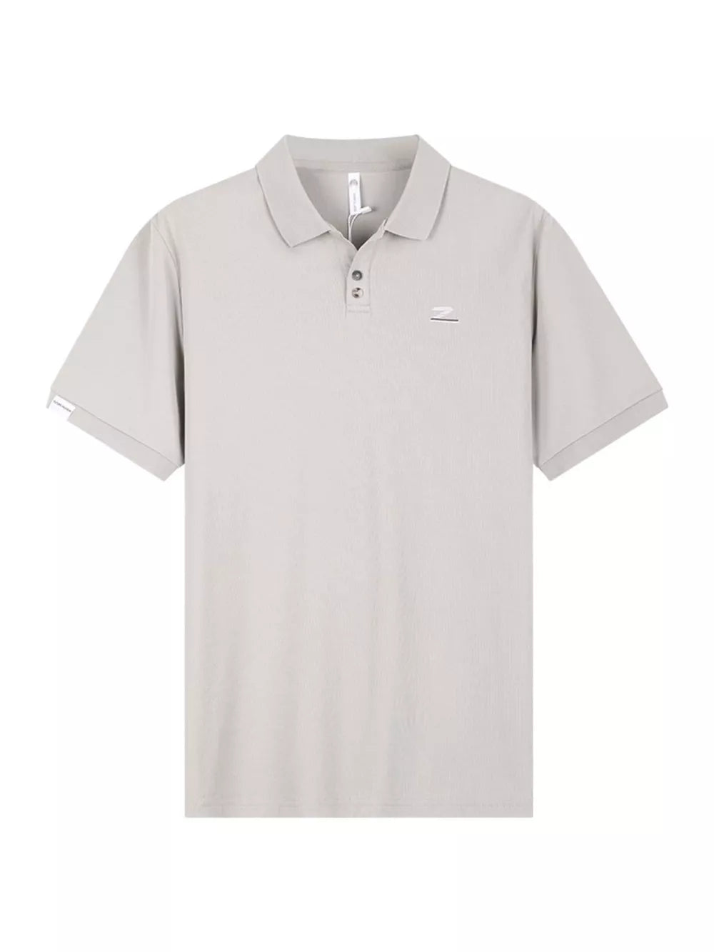 Light gray textured casual polo shirt with button accents and short sleeves.