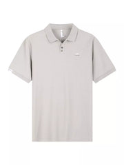 Light gray textured casual polo shirt with button accents and short sleeves.