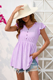 Lavender eyelet babydoll blouse with flutter sleeves and button front