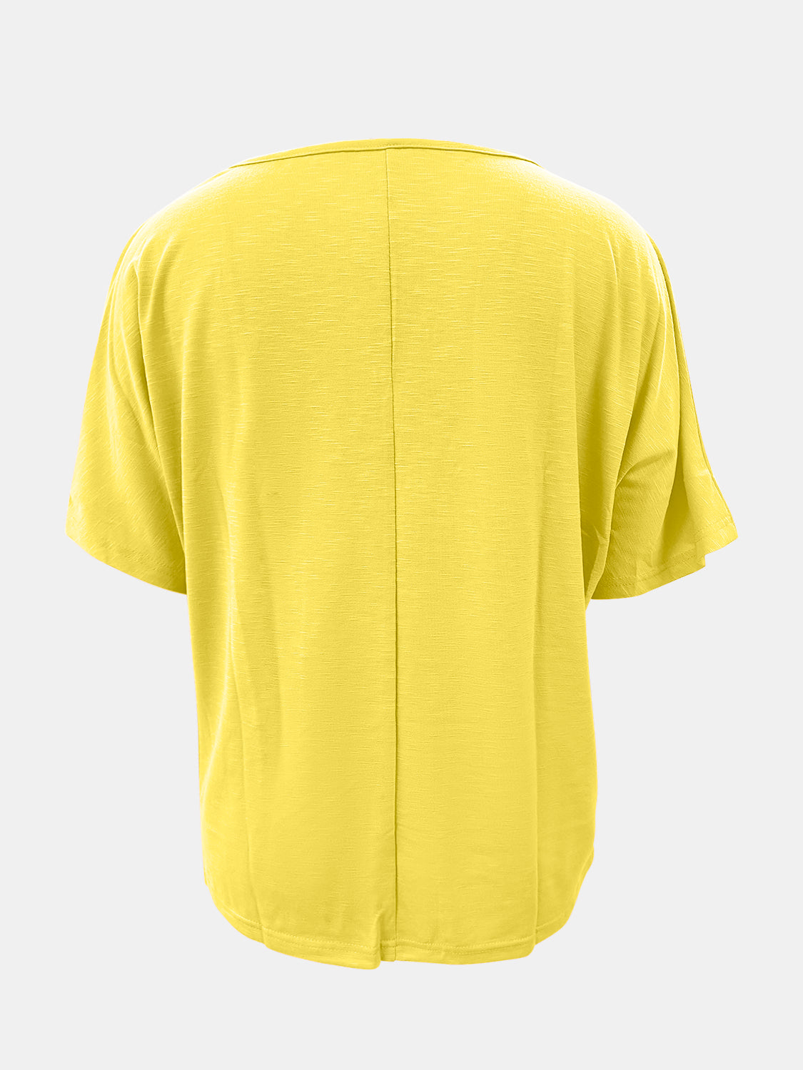 Canary yellow relaxed fit dolman sleeve tee with V-neck and textured fabric.